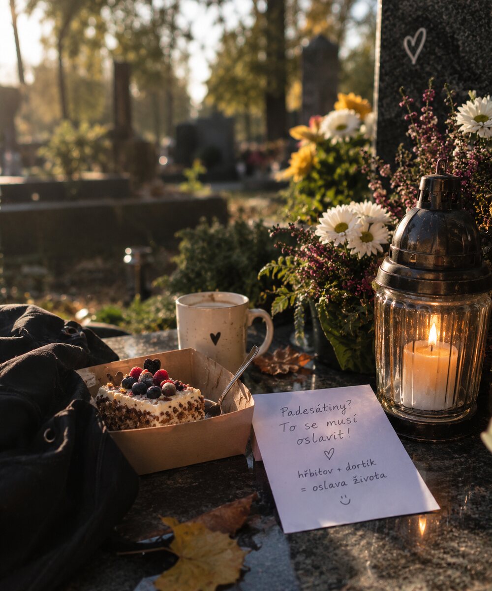 Dortík, hrnek kávy, svíčka a květiny na hrobě s lístkem „Padesátiny? To se musí oslavit!“